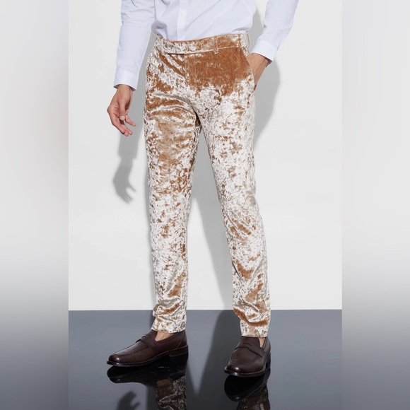 Boohoo Men's | 28 | Luxurious Skinny Fit Crushed Velvet Trouser CHAMPAGNE | Y2K - Picture 1 of 8